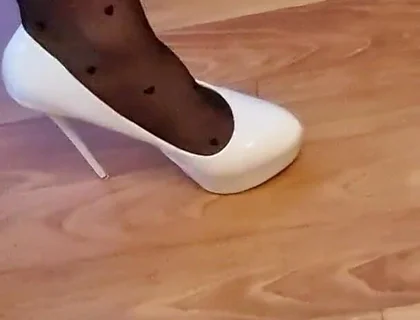 Sexy Trio of High Heels, I Secretly Walk in Their Pantyhose and Play with the Heels