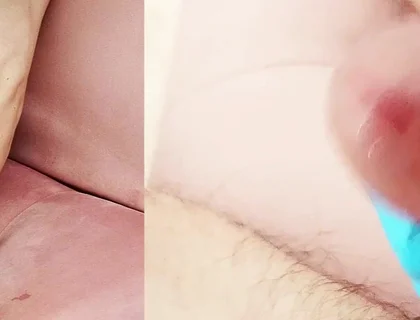 Blue Latex Glove Hand Hard Jerking off Huge Mushroom Head Cock with Cumshot