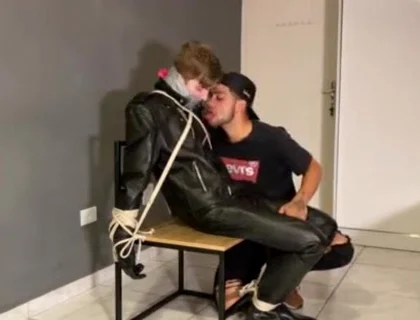 Bound leather boy cum load