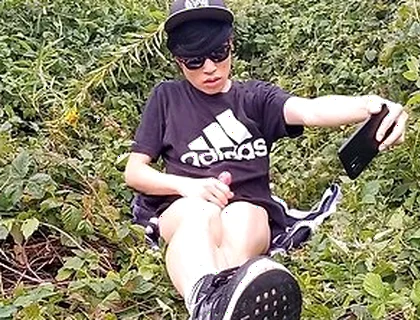 Cute French-asian Gay Twink Jerks Off His Shaved Cock Outside Cums Thick Cum Sticking To His Fingers