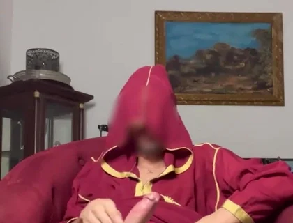 Arab Guy Wearing Jellaba Showing off and Edging His Fat Muslim Dick Before Cumming