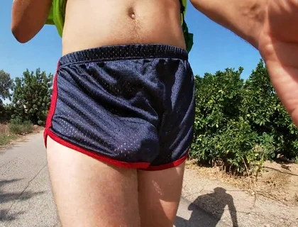 So Hot! Running with My Erect Cock Out Wearing Shiny See Thru Cock Sport Shorts