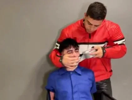 Bound leather biker cum