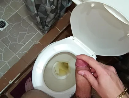 Two Shots of Cum on the Pee in the Bathroom