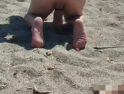 Naked on the Beach Peeing on All Fours