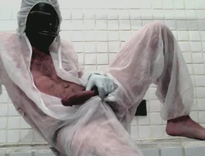 Masked Femboy in Suit Pees Itself and Cums