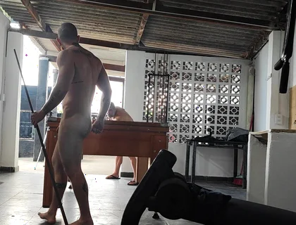 Camera Films Straight Players Playing Pool and Naked