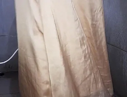 Long Gold Satin Dress Masturbation Cum