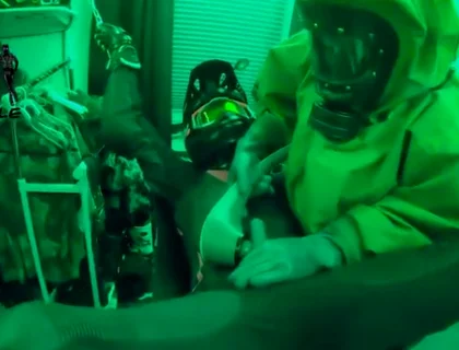 Hazmat gear boys fucking biker in sling