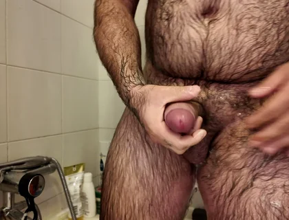 Hairy Bear Jerks off in the Bathroom and Cums