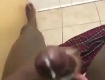Stroking my big black cock in bathroom massive cumshot