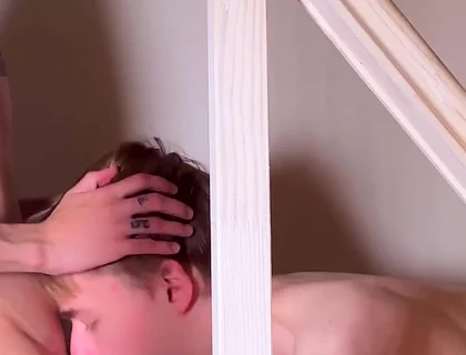 Aiden Sucks Matty's Dick on the Stairs: Hot Twinks Deepthroat with Cum