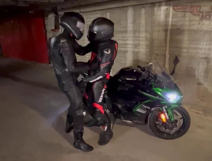 Biker gear gloved leather suit cuming