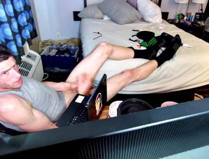 Jerk off with Feet on Bed with Socks Pulled to Calves as I Bust Grunting Hard in Chair