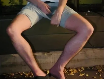 Amateur Twink in Adilette Sandals Wets Himself in the Garden and Takes His Cock Out