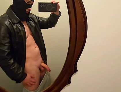 Mirror Leather Jerk off! Hot Stepdaddy Pumps Thick Cock & Shoots Big Load on His Shirt - Follow on X Phantomgentx