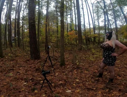 Giant Fake Tits Crossdresser Walk in the Woods Behind the Scenes Photo Shoot