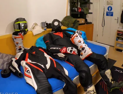 Wanking in biker suit cum