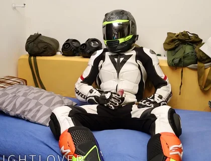 Leather biker cuming in gear