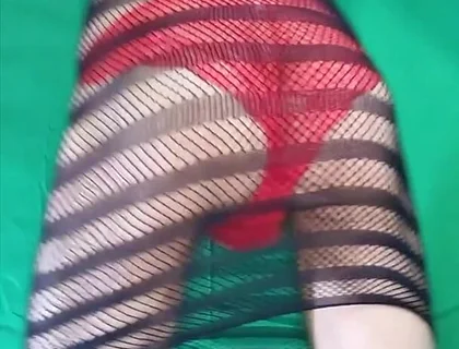 Red Lace Panties Under Fishnet Dress