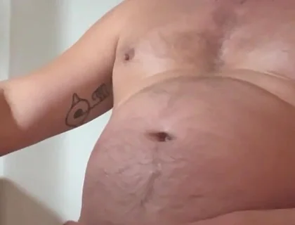 Jerking off in the Morning, Rubbing My Belly, Man Tits, and Nipples. Dripping with Precum and Lots of Cum.