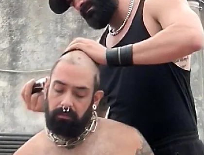 The Bearded Master Has a Hairy Pig Slave and Shaves Its Head.