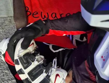 An Excited Guy in Motorcycle Gear Fucks His Sneakers