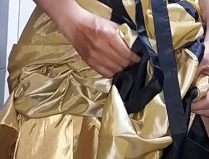 Gold Satin Silk Longdress Evening Gown Masturbation