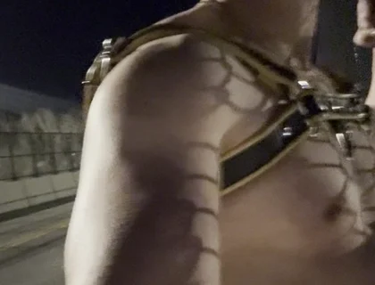 Midnight Muscle Tease: Asian Hunk Flexes Ass & Biceps in Yellow Harness on Highway Bridge