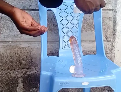 Big Black Ass Bottom Riding His Dildo Outside