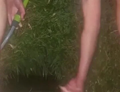 Clean Pressure Enema with Ass Lips and Pissing - Outdoor Garden Hose Anal
