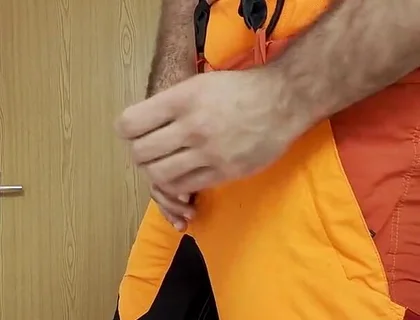 Lumberjack in Hivis Jerks His Huge Cock and Muscle Worship