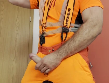 Lumberjack in Hivis Jerks His Huge Cock and Muscle Worship