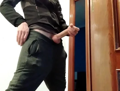 Handjob From Hot Amateur Guy with Big Cock, Shoots at the Door