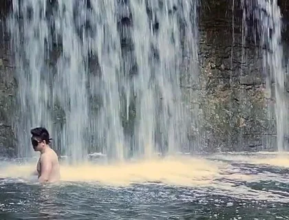 Muscular Asian Hunk Flexes in Speedo by Waterfall - Tight Ass & Hole Tease, Strips Naked & Explodes with Massive Cumshot