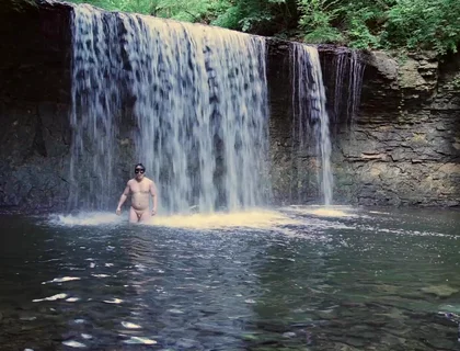 Muscular Asian Hunk Flexes in Speedo by Waterfall - Tight Ass & Hole Tease, Strips Naked & Explodes with Massive Cumshot