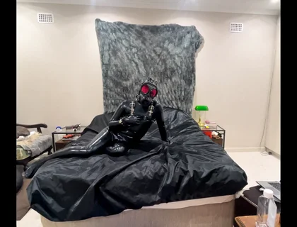 Latex Drone Activation - Gas Mask Transformation in Glossy Black Latex
