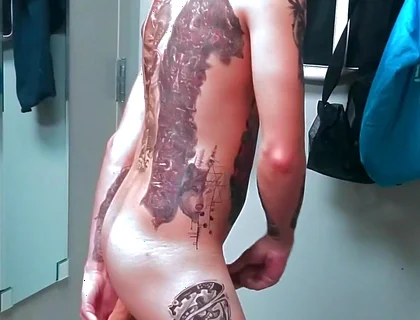 Fully Tatted Man Dildo Fucked