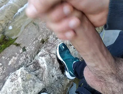 Handsome Gives Perfect Cumshot From Nice Big Hard Cock Spit in Front of River Waterfall