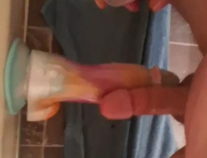 Rubbing Cocks with Huge Vibrating Dildo