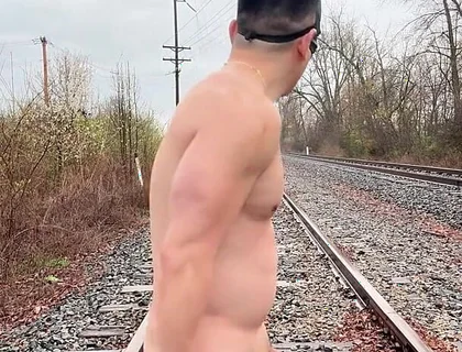 Rain-soaked Asian Muscle God in Jockstrap Bounces Pecs, Shows V-taper & Eats His Massive Load on Train Tracks