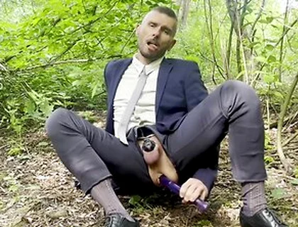 Suited Gentleman Is Spreading Legs Like Slut And Plays With His Malepussy With Locked Dick With Power Bottom