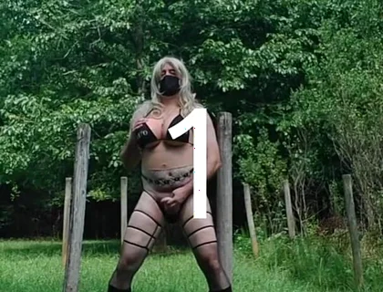 Huge Fake Tits Crossdresser in a Bikini Outside Jacking off