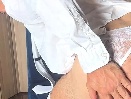 Transformation of the Groom in Suit and Tie to the Sissy Bride in White Stockings