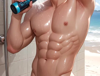 Soft Kawaii Boy in Beach Shower with Pastel Pink Hair