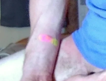 Jerking off with Blue Beater on, Standing up Near Camera