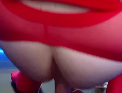 Just the View From Behind. Red Stockings, Open Hole, and a Dildo Waiting on the Floor