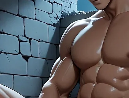 East Asian Handsome Boy Jerking in Library Toilet Under Moonlight Ruins