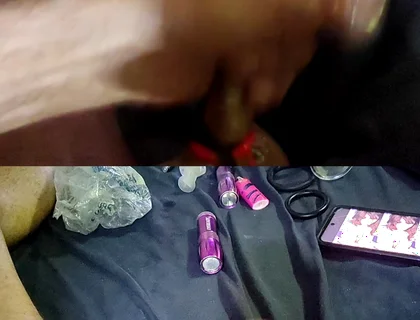 Masterbating with Cock Rings in Two Screens