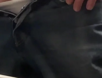 Amateur Straight Boy in Jeans Shorts with Big Hanging Balls Caught Pissing Hands Free